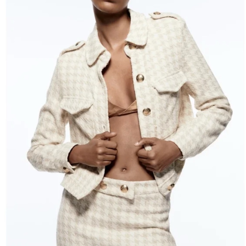 Zara Stylish Texture Knit Jacket with Gold Buttons XS